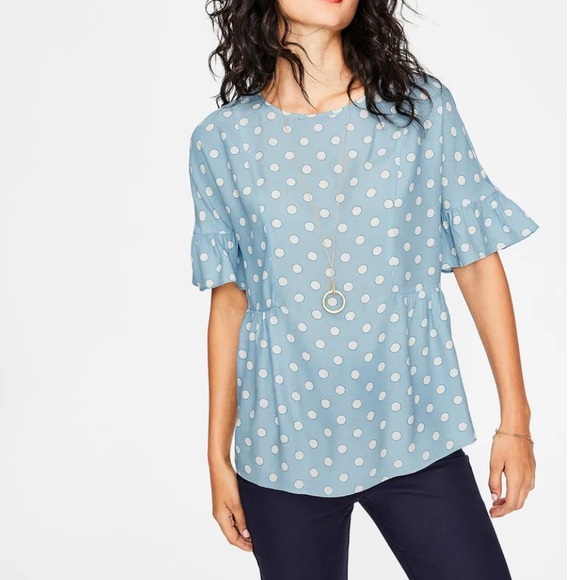 Boden Tops - Boden Blouse Sz 12 Caroline Lt Blue White Polka Dot Peplum Viscose Cottagecore